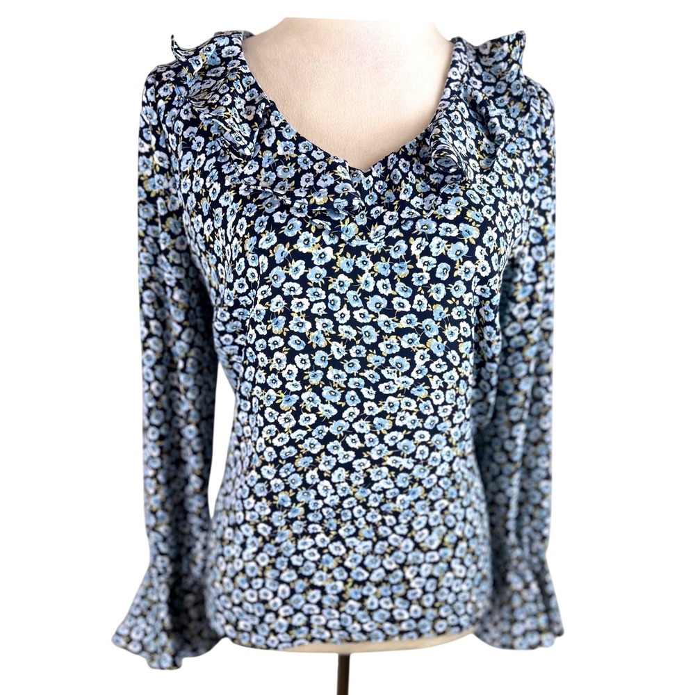 Joan Vass Floral Ruffle V-Neck Blouse Navy Blue Long Sleeve Women Size M